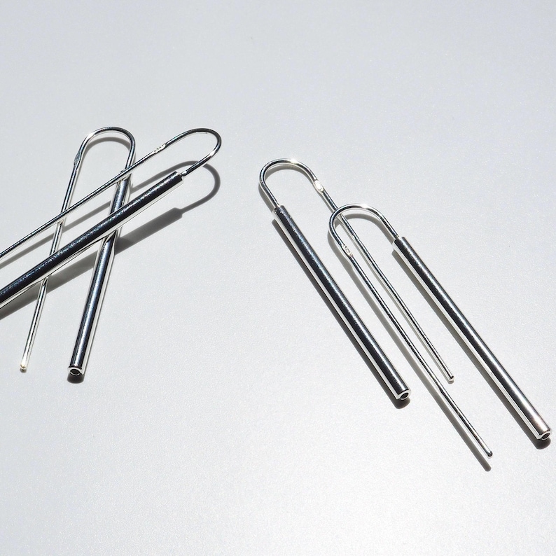 Pendientes minimalistas de tubo de plata de ley: Joyería colgante geométrica imagen 9
