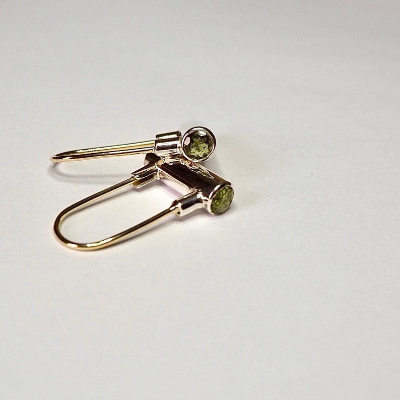 Silver Solid Gold Tube Cylinder Peridot Earrings image 5