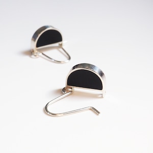 Small Black Silver and Resin Earrings, Semicircle Earrings, Tiny Black Earrings, Petal Earrings