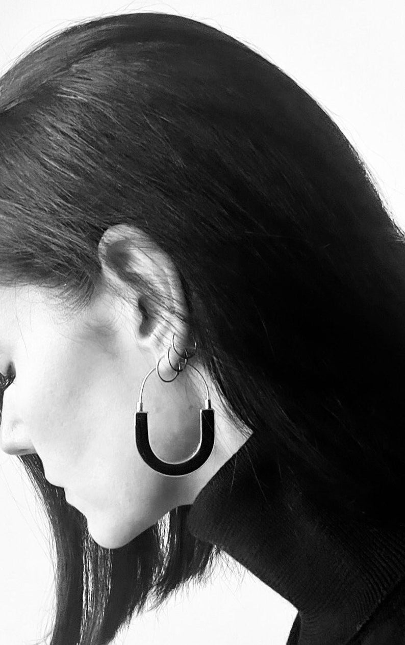 Big Silver Earrings, Long Sterling Silver Earrings, Big Statement Silver Resin Earrings, Black Earrings, Black Jewellery image 1