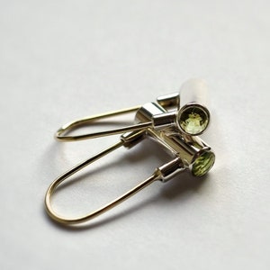 Silver Solid Gold Tube Cylinder Peridot Earrings image 2