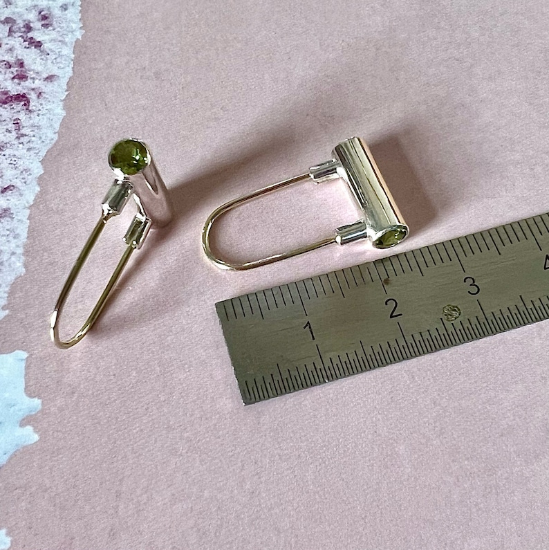 Silver Solid Gold Tube Cylinder Peridot Earrings image 6