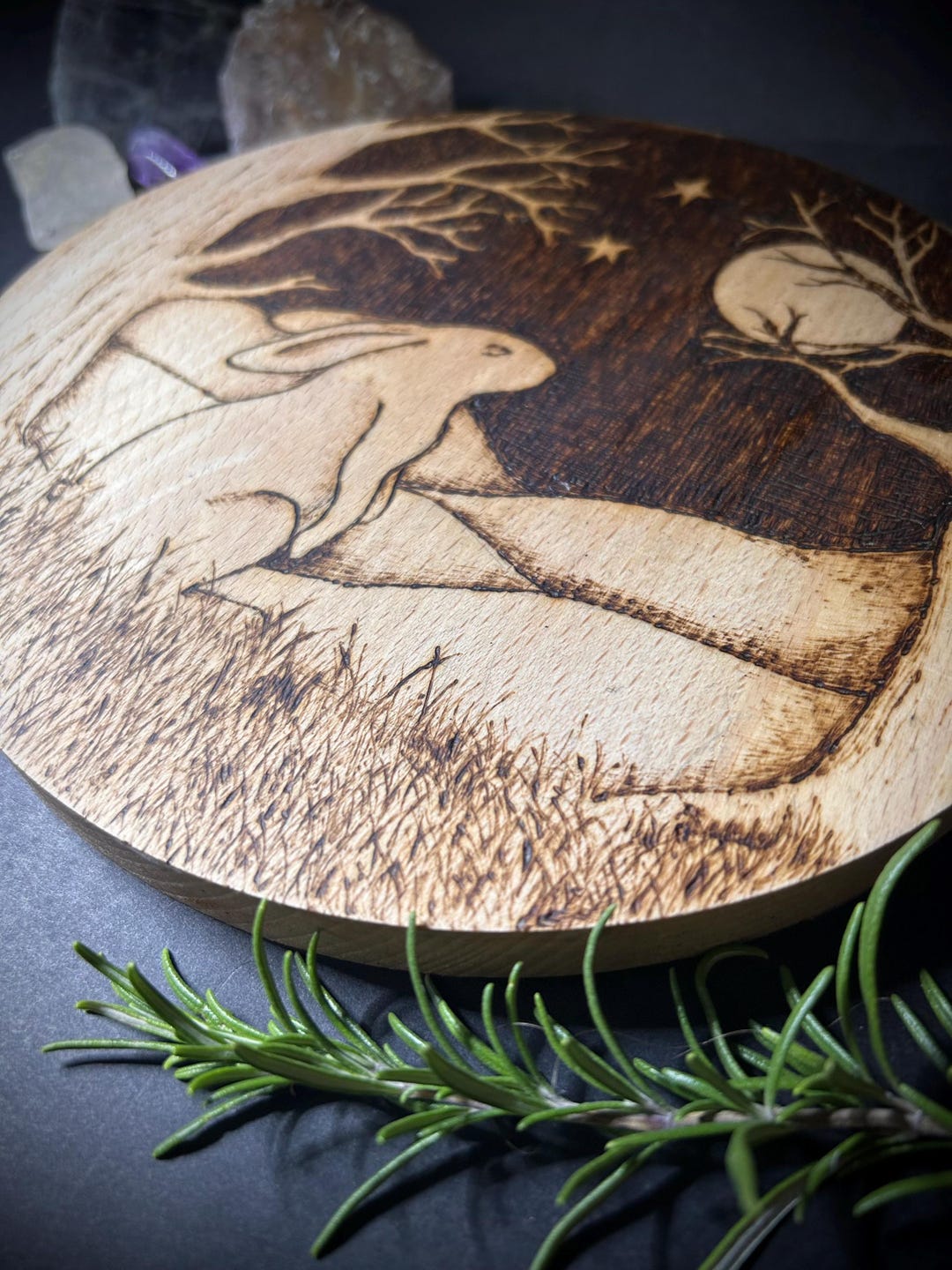 Large Hand Drawn Pyrography Moon Gazing Hare Altar Decoration, Rustic ...