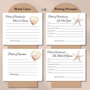 May include: Four white cards with the text "Pearls of Wisdom" and writing prompts. Two cards feature a seashell graphic, and two feature a starfish graphic. The cards are on a beige background.