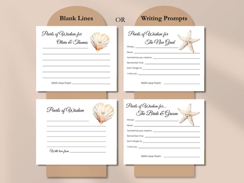 May include: Four white cards with the text "Pearls of Wisdom" and writing prompts. Two cards feature a seashell graphic, and two feature a starfish graphic. The cards are on a beige background.