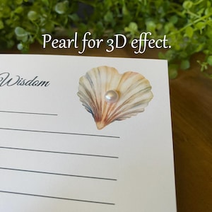 May include: A white card with the text "Pearls of Wisdom" and lines for writing. A seashell illustration with a pearl is in the upper right corner. The text "Pearl for 3D effect" is above the card.
