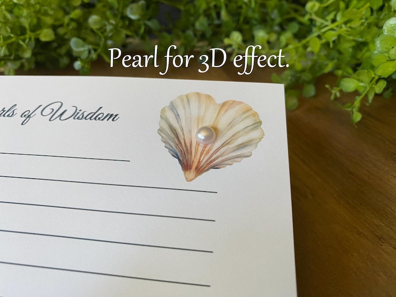 May include: A white card with the text "Pearls of Wisdom" and lines for writing. A seashell illustration with a pearl is in the upper right corner. The text "Pearl for 3D effect" is above the card.