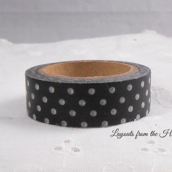 Washi Masking Tape Roll 8.75 yards Black with White Dots Embellishment Scrapbooking Cards gifts, mixed media supplies thin sticky ribbon