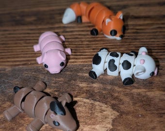 Set of 4 Mini Flexi Animals | 3D Printed Fidget Toys, Horse, Fox, Cow, Pig