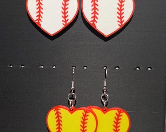 Softball Heart Earrings, Baseball Heart Earrings, Game Day Earrings, Sports Mom Gift, Team Spirit Jewelry, Lightweight Dangle Earrings, 3D