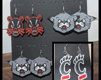 UC Bearcats 3D Printed Earrings – Retro, C Claw, or 90s Cat Mascot