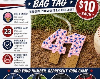 Custom 3D Printed Ice Cream Drip Player Number Bag Tag – Personalized Sports Bag Accessory