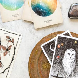 Puede incluir: Un juego de cartas de tarot con ilustraciones de un rey, un búho y constelaciones. Las cartas están dispuestas sobre una superficie blanca con una pequeña piedra negra y un plato decorativo.