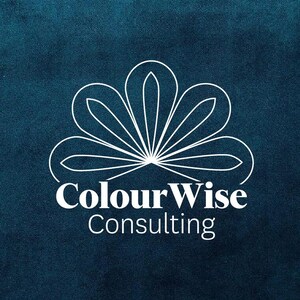 May include: A logo for ColourWise Consulting, featuring a white floral design above the company name. The text is in a clean, sans-serif font. The background is a dark teal color, creating a contrast with the white logo.