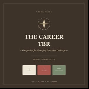 Peut inclure: Un guide numérique marron foncé intitulé THE CAREER TBR, A Companion for Changing Direction, On Purpose. Il présente une icône d'étoile, le texte BEFORE, DURING, AFTER, et trois boîtes rectangulaires marquées 15 PAGES, 8 CHAPTERS, et INSTANT PDF DOWNLOAD.