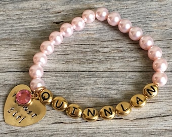 Personalized Flower Girl Pearl Bracelet, Birthstone Charm