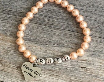 Personalized Flower Girl Pearl Bracelet, Antique Rhodium Name Bracelet
