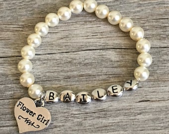 Personalized Flower Girl Pearl Bracelet, Custom Name, Wedding Gift