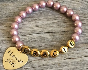 Personalized Flower Girl Pearl Bracelet, Antique Gold Letter Beads