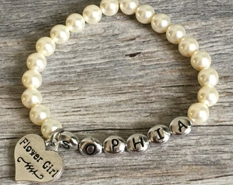 Personalized Flower Girl Pearl Bracelet, Wedding Gift