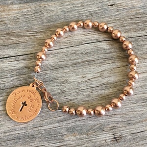 Rose Gold beaded bracelet,I am with you always Matthew 28:20, 14 K rose gold ball bracelet, rose gold round beads, scripture bracelet, charm