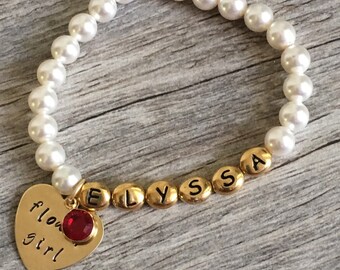 Personalized Flower Girl Pearl Bracelet, Crystal Birthstone Charm