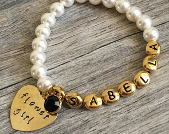 Personalized Flower Girl Pearl Bracelet, Birthstone Charm, Wedding Jewelry