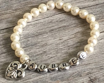 Personalized Pearl Name Bracelet, Flower Girl Gift, Kids Jewelry