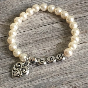 personalized pearl name bracelet, will you be my flower girl proposal gift, little girl kids jewelry, first communion, junior bridesmaid