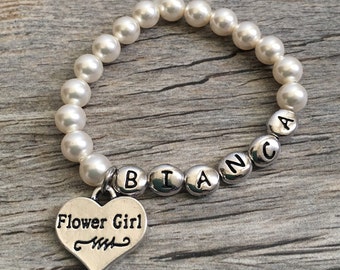 Personalized Flower Girl Pearl Bracelet, Wedding Gift