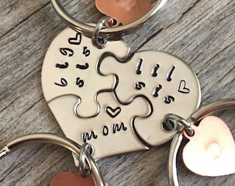 Gift For Mom, Gifts For Mom From Daughters, Mothers Day Gift, Personalized Mom Gift, Hand Stamped heart puzzle piece key chain set, mom