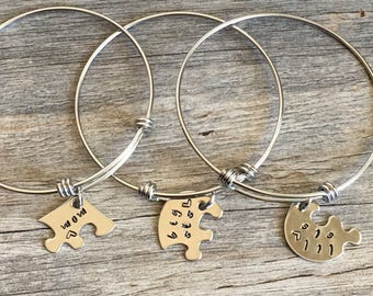 Gift for Mom from Daughters, Mothers Day Gift, Personalized Mom Gift, Hand Stamped Heart Puzzle Piece Adjustable Bracelet Set of 3,