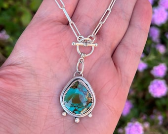 Handmade Sterling Silver Hubei Turquoise Wayfinder Necklace, Gift for Her, Western Boho Cowgirl Jewelry, Silversmith, Metalsmith