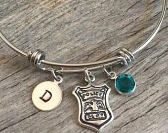 Police Wife Bangle Bracelet: Sterling Silver Badge, Initial, Birthstone