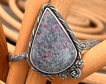 Handmade Sterling Silver Ruby in Kyanite Gemstone Cuff Bracelet, Silversmith Jewelry, Large Statement Metalsmith