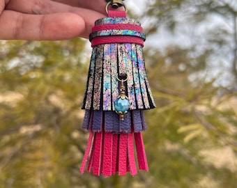 Handmade Pink, Purple and Oil Slick Cowhide Leather Tassel with beaded gemstone charm, Purse Accessory, Leather Tassel for Handbag, Keychain