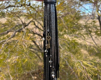 Handmade Long Black and Silver Shimmer Cowhide Leather Clip Tassel with Beaded Rose Charms, Purse Charm Accessory for Handbag, Keychain