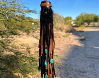 Handmade Long Brown Cafe Leather and Black Cowhide Leather Tassel with Turquoise Gemstone Beaded Charms, Purse Charm Accessory for Handbag