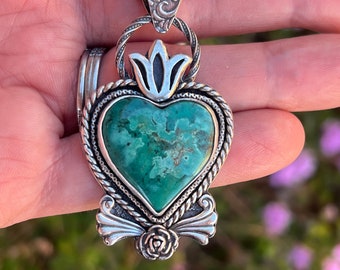 Handmade Hubei Turquoise Sterling Silver Heart PENDANT ONLY, Gift for Her, Western Boho Cowgirl Jewelry, Silversmith, Metalsmith