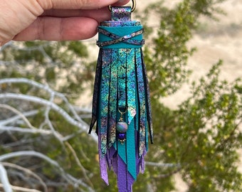 Purple, Teal and Oil Slick Cowhide Leather Tassel with Gemstone Charm, Handmade Purse Charm Accessory, Leather Tassel for Handbag, Keychain