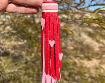 Handmade Red and Baby Pink Valentine's Cowhide Leather Tassel with Leather Hearts, Purse Charm Accessory for Handbag, Keychain