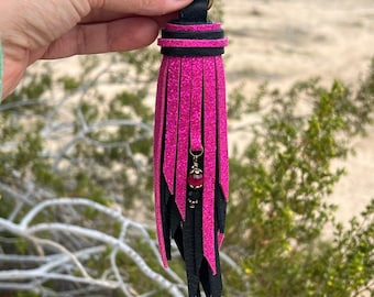 Black, Pink Shimmer Cowhide Leather Tassel with Gemstone Charm, Handmade Purse Charm Accessory, Leather Tassel for Handbag, Keychain