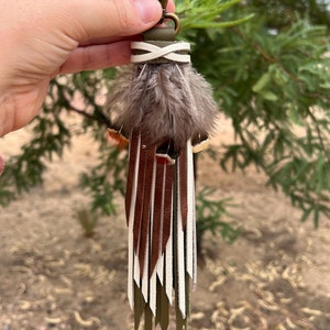Handmade Army Green, Bone and Mocha Leather Tassel with Feathers, Purse Accessory, Leather Tassel for Handbag Keychain, Natural Tassel