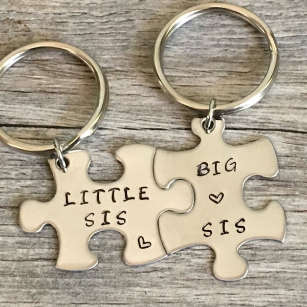 Big Sis Little Sis Puzzle Piece Keychain Set w/Heart - Big little sorority, Greek Initiation Gift, Gift for Sorority Sister, Gift for sister