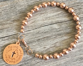 Rosegold Perlen Schrift Armband, Psalm 46:10 Anhänger