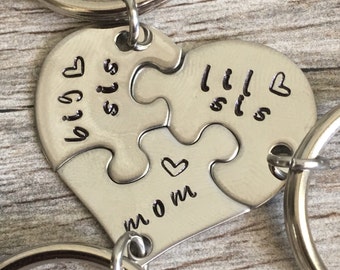 Gift For Mom, Gifts For Mom From Daughters, Mothers Day Gift, Personalized Mom Gift, Hand Stamped heart puzzle piece key chain set, mom