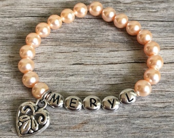 Personalized Flower Girl Pearl Bracelet, Kids Name Jewelry