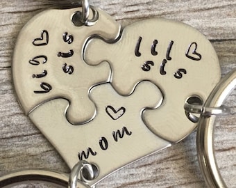 Gift For Mom, Gifts For Mom From Daughters, Mothers Day Gift, Personalized Mom Gift, Hand Stamped heart puzzle piece key chain set, mom