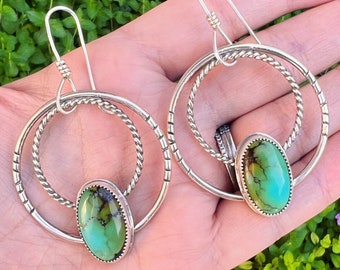 Handmade Sterling Silver Hubei Turquoise Double Hoop Earrings, Silversmith Jewelry, Handcrafted boho western cowgirl style, blue green