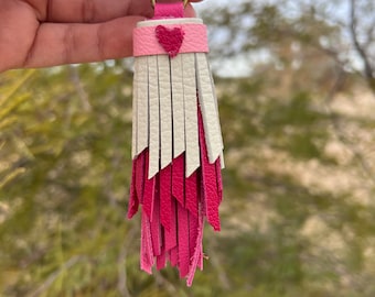 Handmade Pink, Magenta and Bone Valentine's Cowhide Leather Tassel with Heart, Purse Charm Accessory, Leather Tassel for Handbag, Keychain